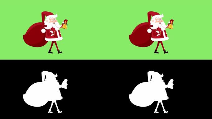 卡通圣诞老人扁平人物，带礼品袋和圣诞铃铛步行自行车动画