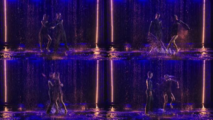 雨中舞厅舞者的剪影表演了一种活泼的摇摇欲坠的舞蹈。慢动作