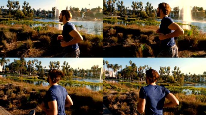 运动男子在一个小湖边慢跑