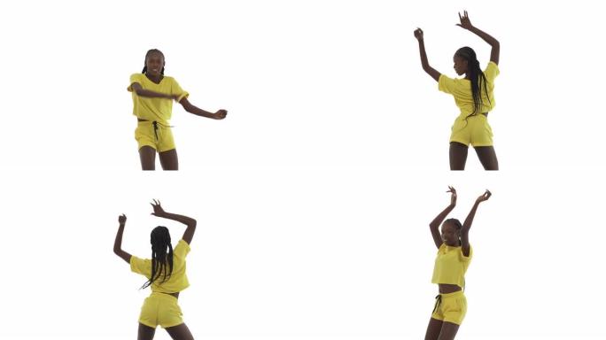 跳舞的非洲女人全身旋转动作，举手，转身和旋转战利品。孤立在白色背景上。