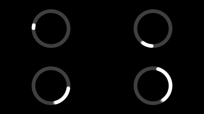 黑色背景上的动画加载圈效果。黑白预装圆圈动画