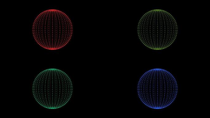 球体旋转和变色。线框地球仪。循环旋转元素。孤立在黑色背景上