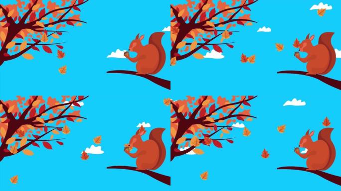 你好秋天动画与松鼠在树场景