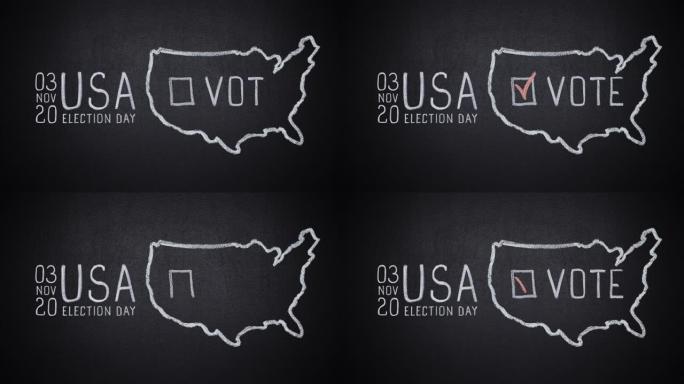 在黑板上手绘的美国地图上的字投票停止运动