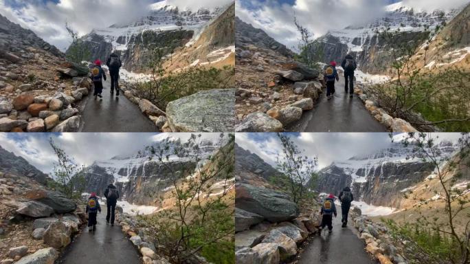 加拿大贾斯珀伊迪丝·卡维尔山的家庭徒步旅行
