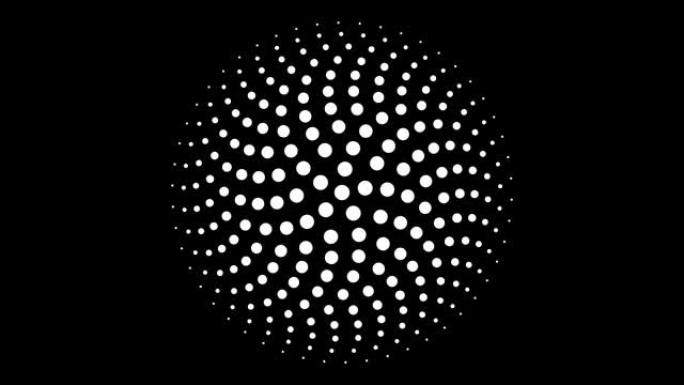 圆形单色无缝点图案4k动画，具有5折旋转对称性