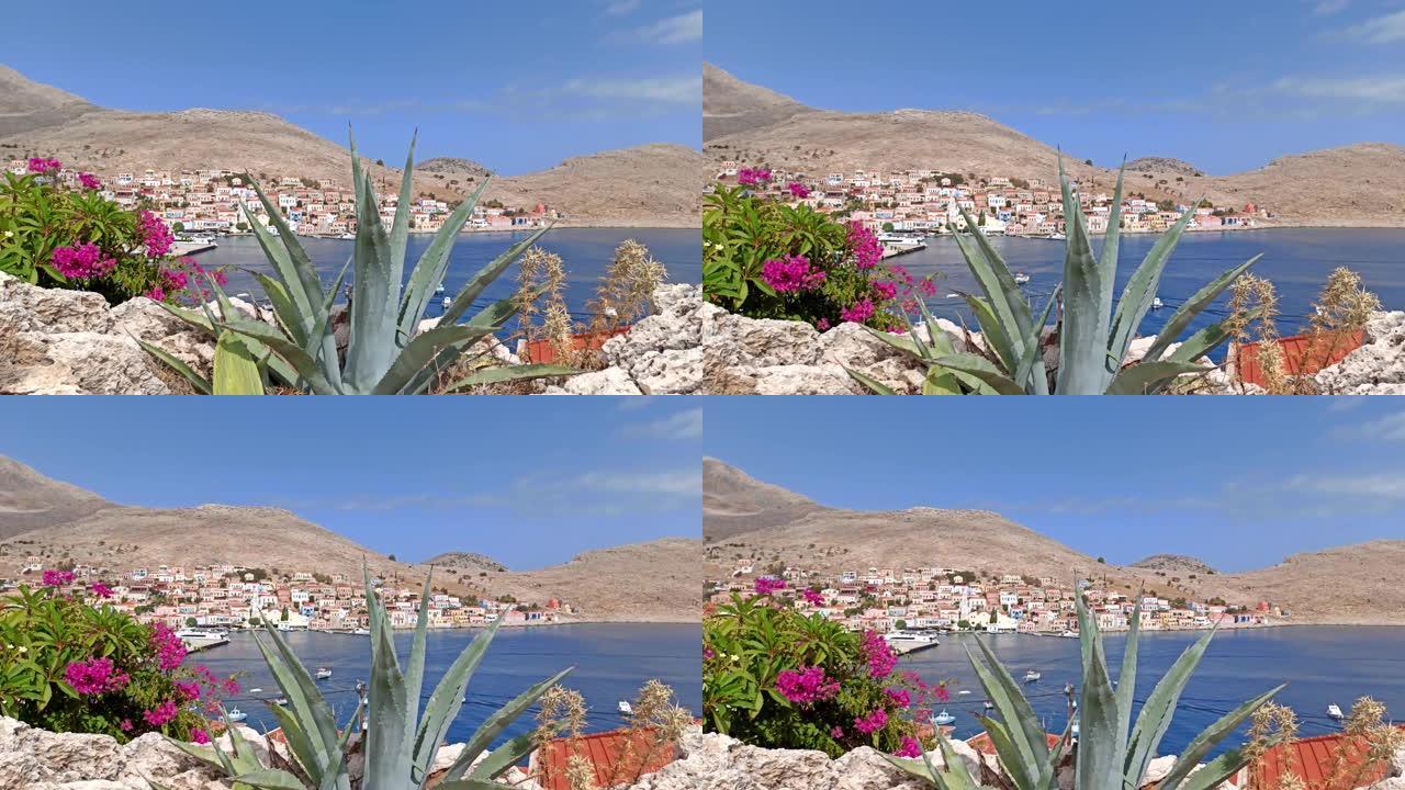 爱琴海的哈尔基 (Chalki) 岛，仙人掌植物与美丽的城市相生，白色房屋建在蓝海边缘的乡村山上