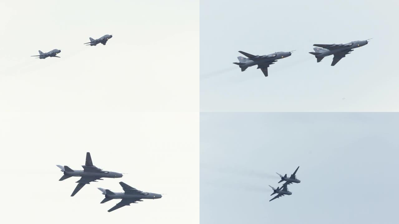 F-16C和苏霍伊SU22 M4战斗机在航展上飞行