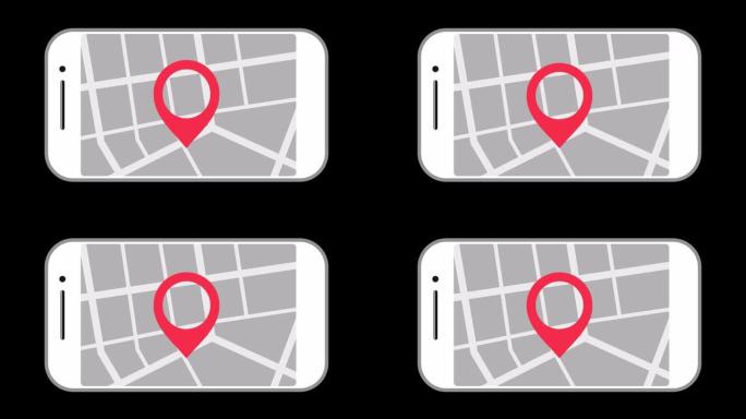 智能手机显示屏上的地理图钉标签。屏幕上有地图的手机。GPS，目的地地图导航位置道路方向和指针标记图标