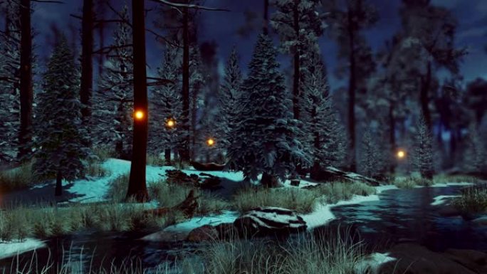神奇的萤火虫灯在mysy dusk的白雪皑皑的冬季森林中