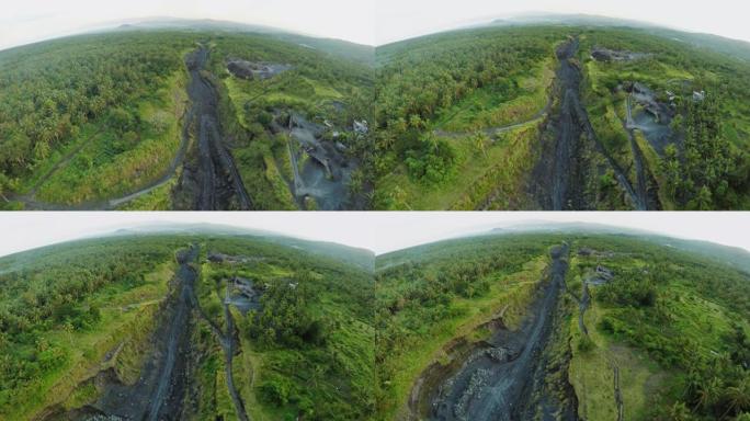 火山灰流出河流的航拍。黎牙实比市。马永火山。菲律宾