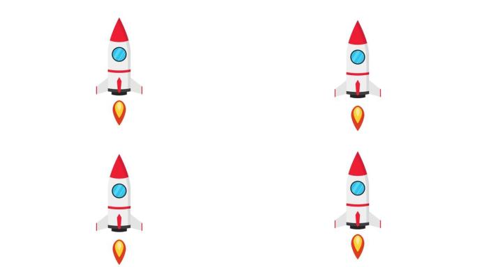 卡通火箭飞船在白色背景上飞起来。循环动画。4k分辨率。