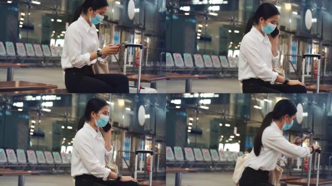 女商人戴着外科口罩保护，在机场候机楼与朋友通电话，并在新型冠状病毒肺炎大流行期间保持社交距离。