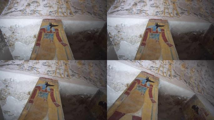 帝王谷Tausert和Setnakht Anubis墓内的神插图和象形文字蓝色和黄色