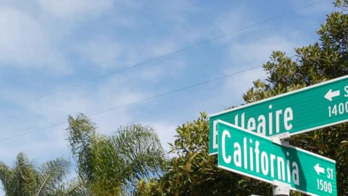 十字路口的加州街道路标。十字路口路标上的字母，夏季旅行和度假的象征。美国旅游目的地。101号公路洛杉