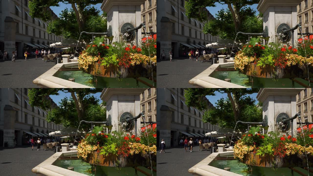 日内瓦市中心晴天著名购物街广场喷泉慢动作全景4k瑞士