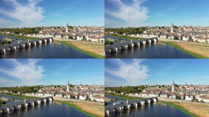 卢瓦尔河上的中世纪桥梁和法国卢瓦尔河，勃艮第，涅夫勒河上的慈善城市，夏季和晴天的无人机。