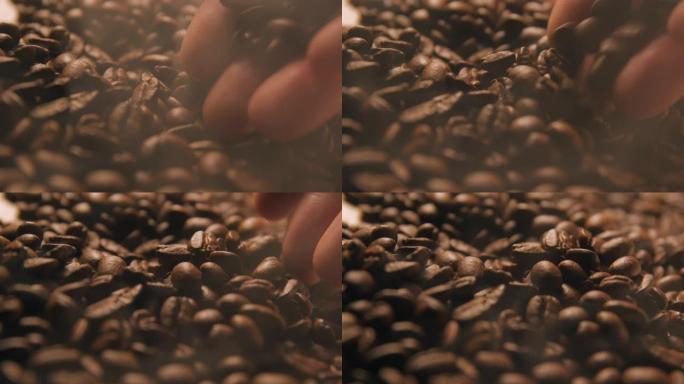 咖啡豆慢动作手握咖啡豆咖啡豆特写可可豆