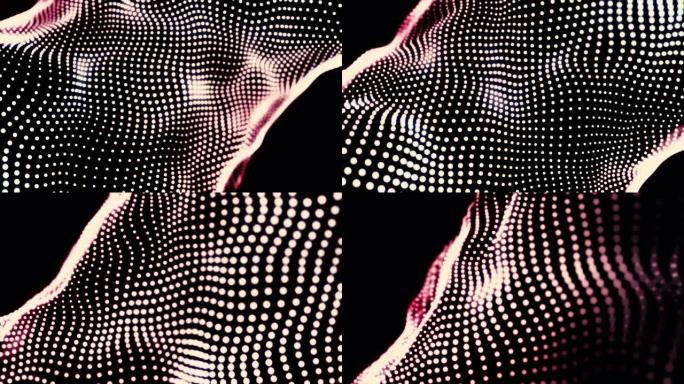 带有闪亮模糊粒子的可循环渐变波点纹理。动画。黑色背景上流动的粉色和白色小圆圈，抽象织物