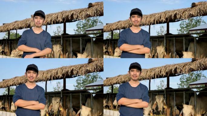 肖像在农场工作的年轻亚洲农民，家庭乡村牧场的牲畜，人和畜牧业概念