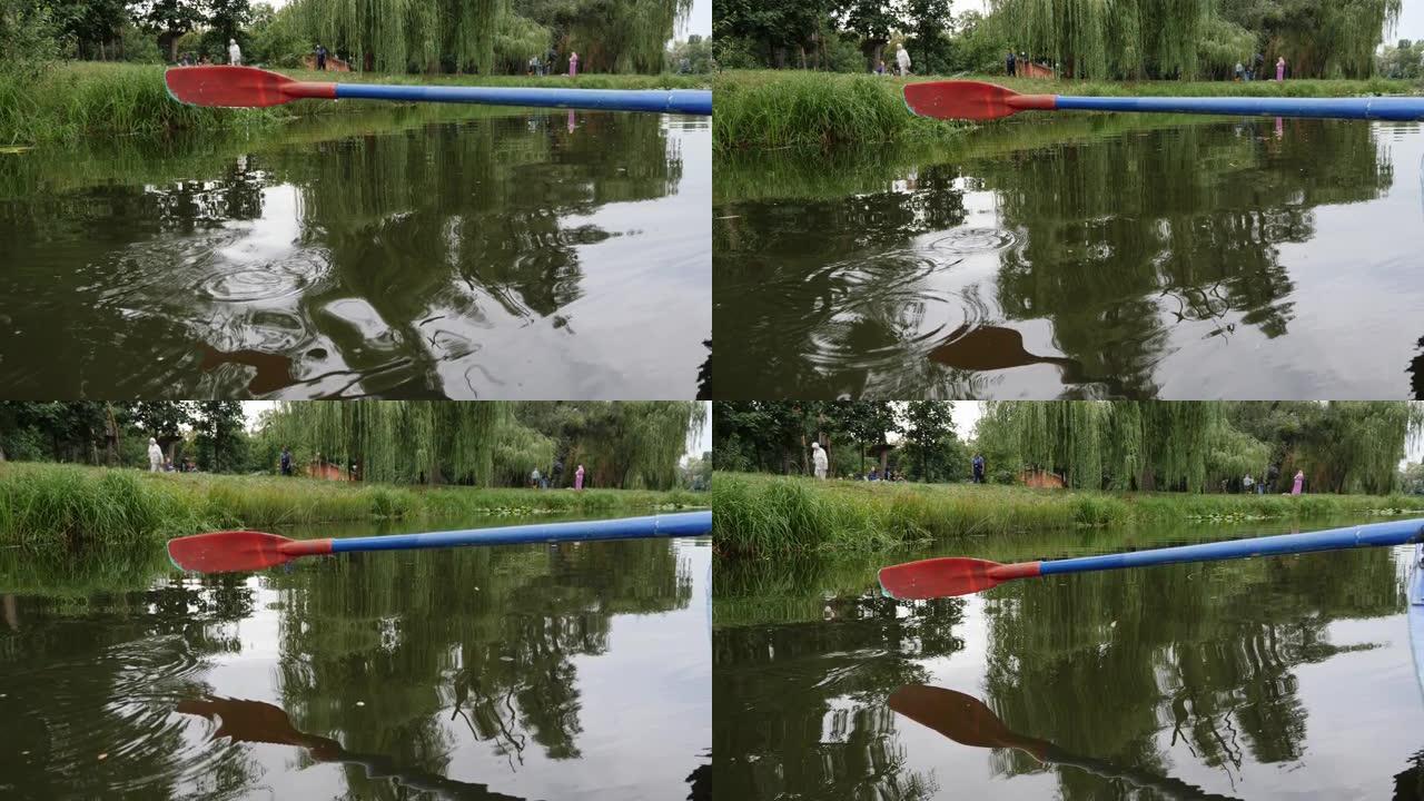 在水上划桨。城市公园湖上的红色和蓝色桨升起。水滴向下流动