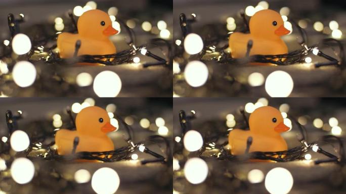 玩具上圣诞节花环背景下橡皮鸭的特写镜头。家居装饰