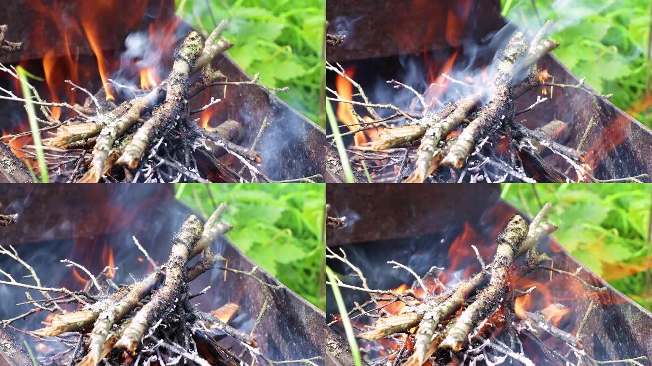 老树的折断树枝躺在烤架上燃烧。