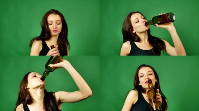 可爱的喝醉的长发女孩正在工作室里喝绿色背景下的黑瓶葡萄酒