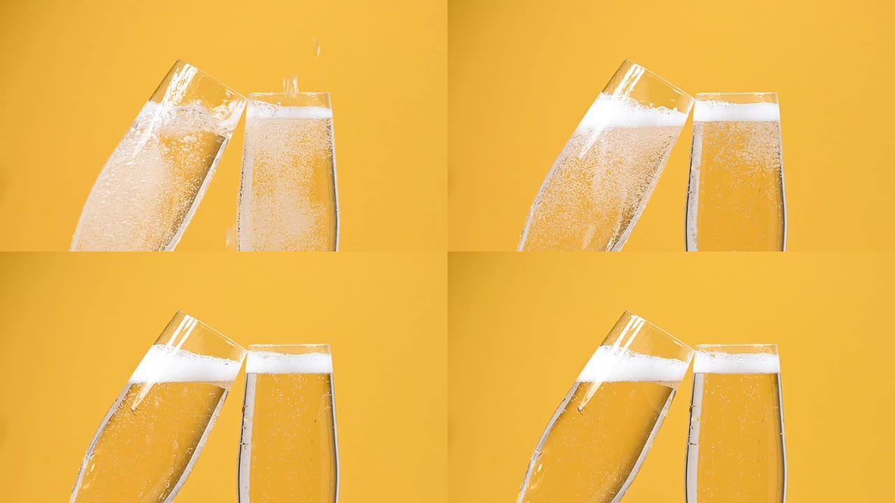 对于香槟sparkling wine in glass on yellow