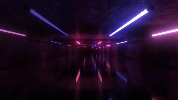 混凝土隧道闪光霓虹灯管锐舞辉光反射-4k无缝循环运动背景动画