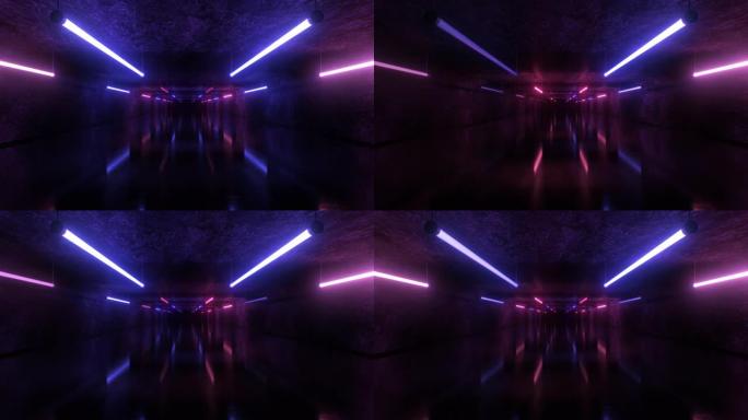 混凝土隧道闪光霓虹灯管锐舞辉光反射-4k无缝循环运动背景动画