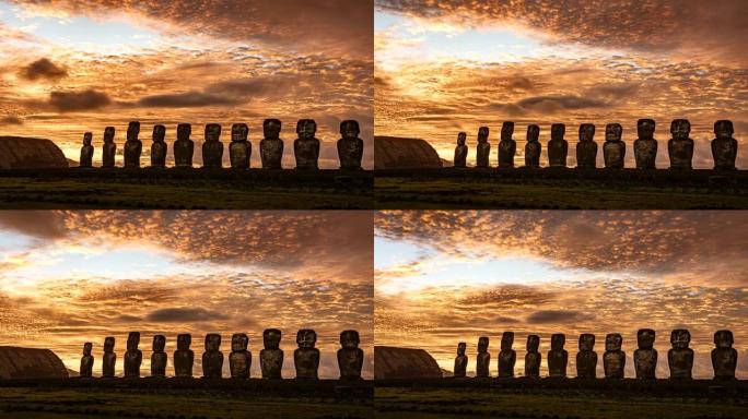 时间流逝-复活节岛Moai雕像后面的日出