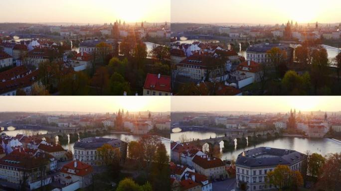 日出时布拉格上空的鸟瞰图