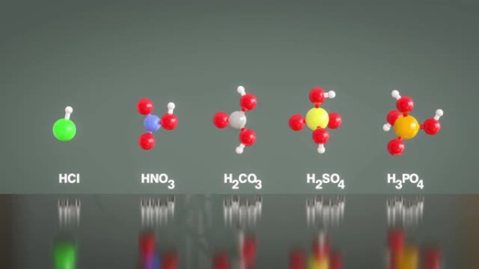 酸分子HCl，HNO3，H2CO3，H2SO4和H3PO4旋转模型的无缝环。原子颜色: 氢白色、碳灰