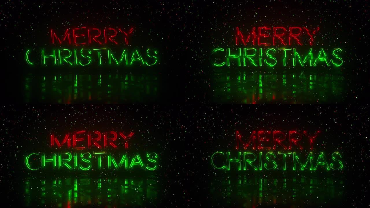 追逐红色和绿色彩色霓虹灯圣诞快乐标题背景标志下降五彩纸屑与循环