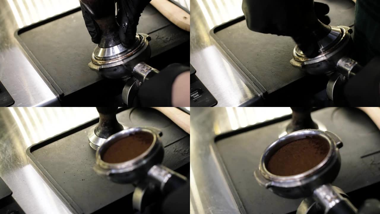 咖啡师在工作。煮咖啡和可可的过程。一杯发泡牛奶。电动研磨机在过滤器支架中研磨咖啡豆。