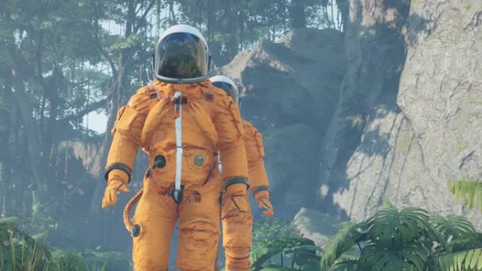 研究宇航员降落在外星绿色星球上。幻想、科幻或太空背景的动画。