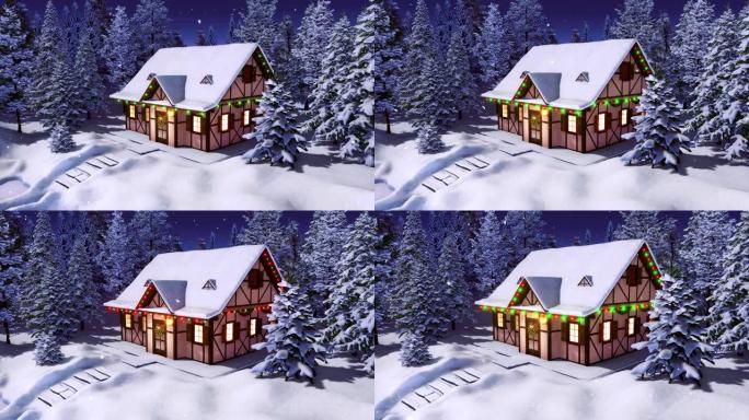 冬夜雪山冷杉森林中的圣诞屋