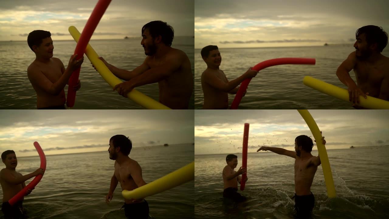 佛罗里达海滩日落时，泳池花车在海滩上打架