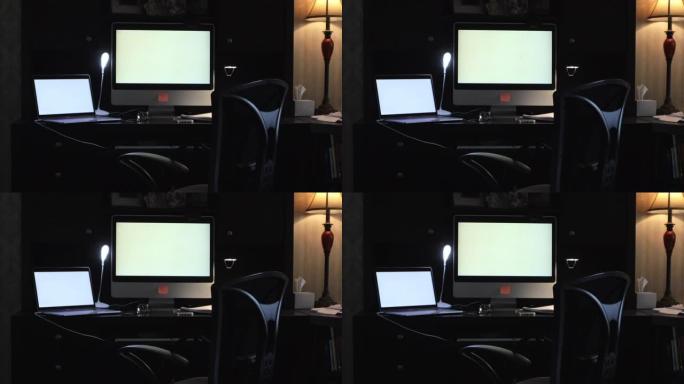 家庭办公桌椅笔记本电脑和台式电脑，具有微妙的运动和闪烁的智能手机和热气腾腾的咖啡杯4k视频系列