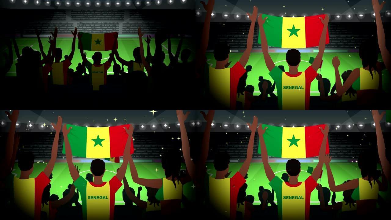 卡通欢呼的足球迷拥挤塞内加尔足球动画