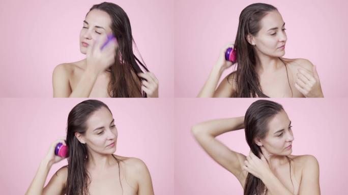 女子淋浴后用梳子梳湿头发，孤立在粉红色的背景