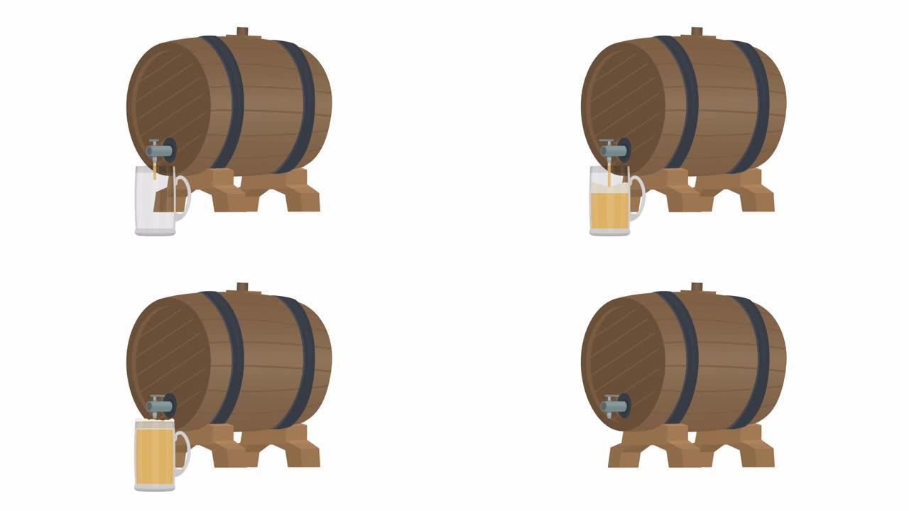 木桶。啤酒桶的动画。卡通