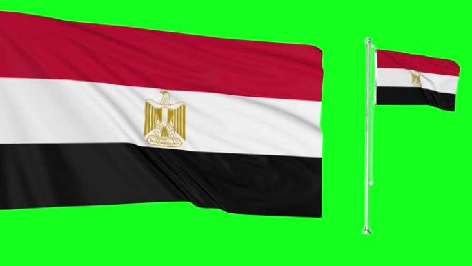 绿色屏幕hipper埃及现实循环两个旗帜在风中挥舞埃及旗杆飘扬与高度详细的织物纹理动画4k 3d色度