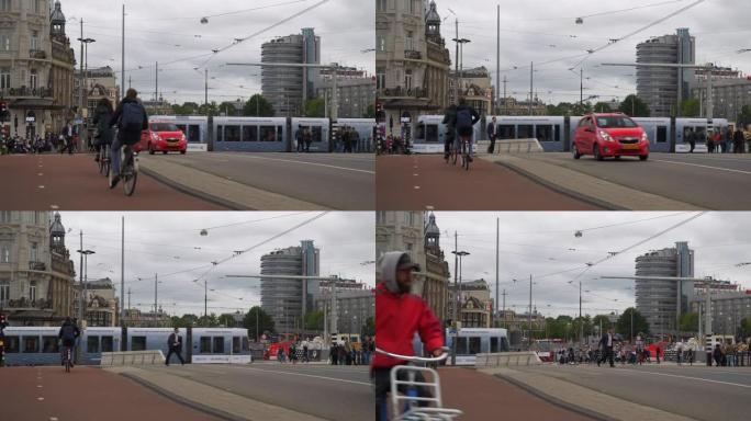 多云阿姆斯特丹城市火车站中心交通街慢动作全景4k荷兰