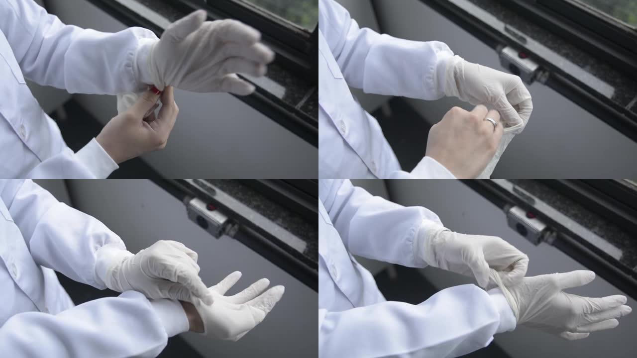 在实验室戴手套的女人。