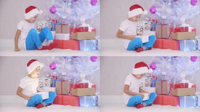 不耐烦的小男孩晚上偷偷溜到圣诞树上，当没人看到并打开一个礼物盒子时，看着里面完全惊讶，然后把它放回树