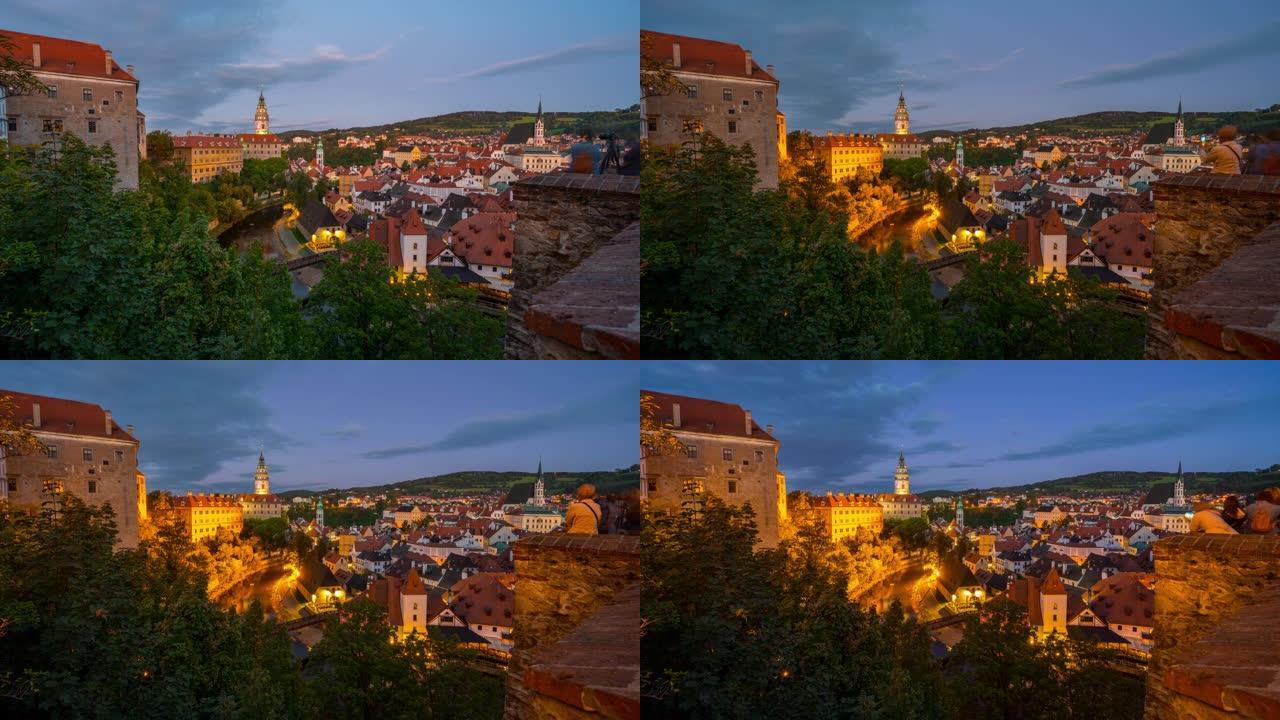 捷克共和国Cesky Krumlov老城Cesky Krumlov城堡的延时日落场景已被联合国教科文