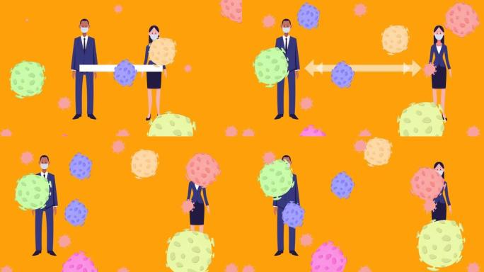 新型冠状病毒肺炎牢房反对戴着口罩的男人和女人保持社交距离