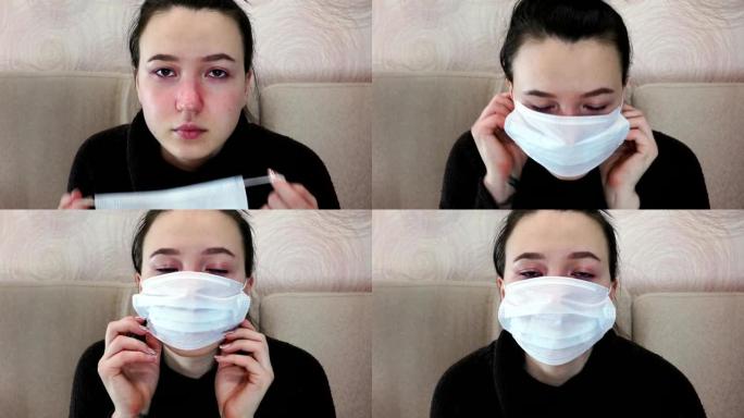 一个生病的女人打喷嚏和咳嗽。寒冷时期的病毒性疾病。